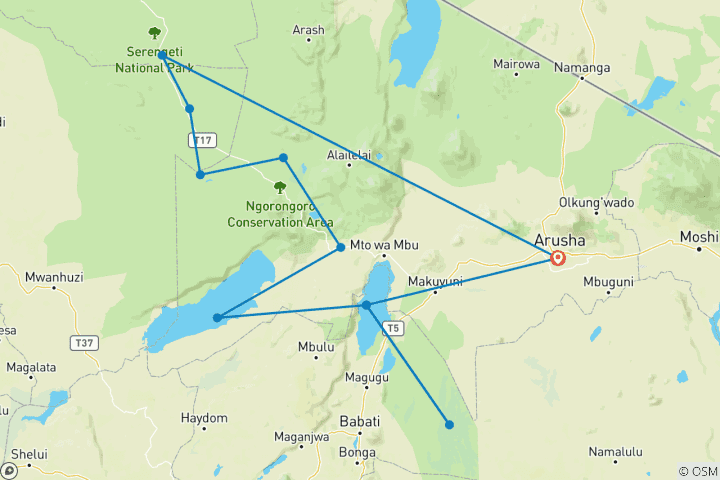 Mapa de Safari Serengeti: 12 días de belleza indómita