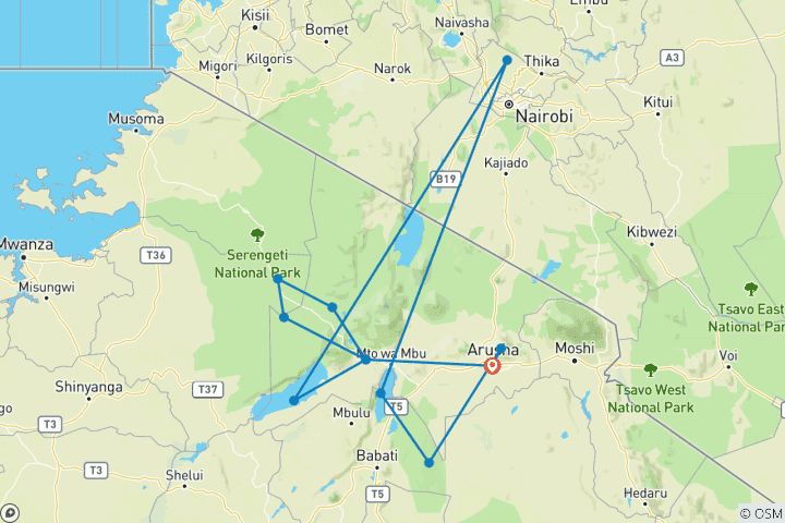 Carte du circuit Au départ d'Arusha : 11 jours de safari dans le nord de la Tanzanie