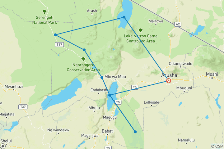 Carte du circuit Au départ d'Arusha : 11 jours Le safari complet en Afrique