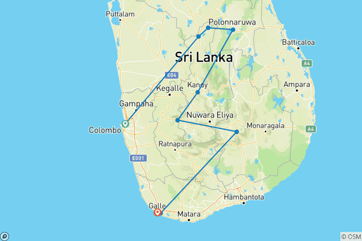 Mapa de Viaje Activo de 13 Días por Sri Lanka: Surf, Rafting, Senderismo