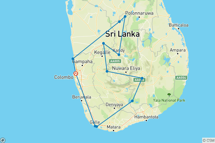 Map of 13-Day Active Sri Lanka Tour: Surf, Raft, Hike