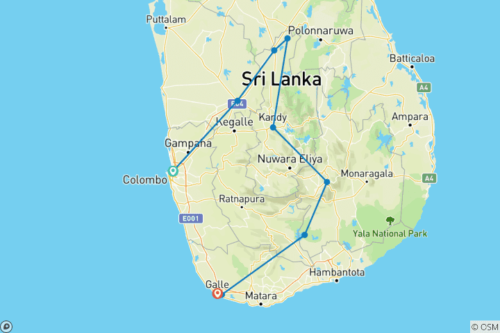 Mapa de Viaje Activo de 13 Días por Sri Lanka: Surf, Rafting, Senderismo
