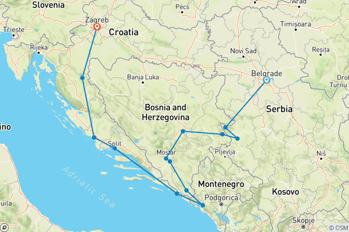 Mapa de Belgrado a Zagreb Superior - 10 días