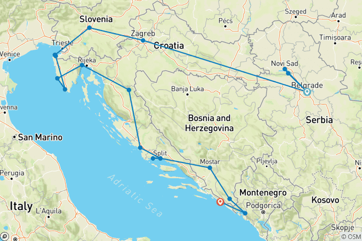 Mapa de Belgrado a Dubrovnik superior - 13 días