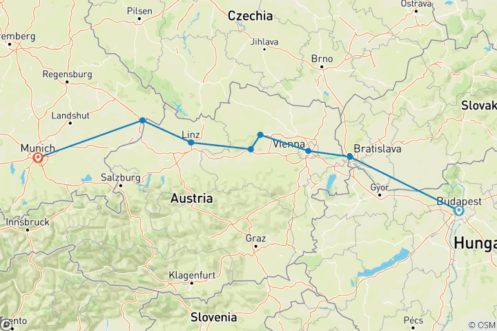 Map of Highlights of the Danube Budapest to Munich (2025)