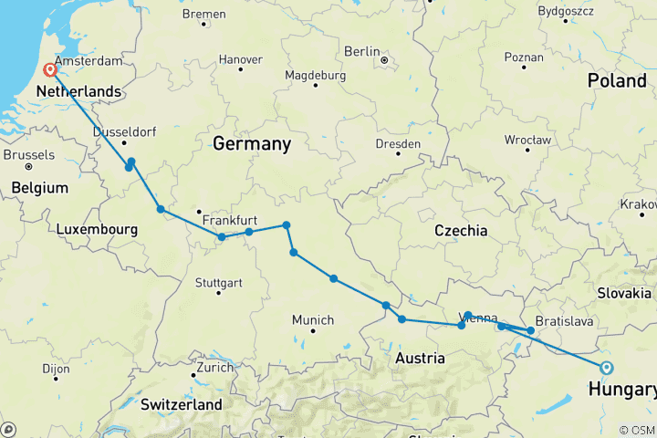 Map of European Gems Budapest → Amsterdam  (2025)