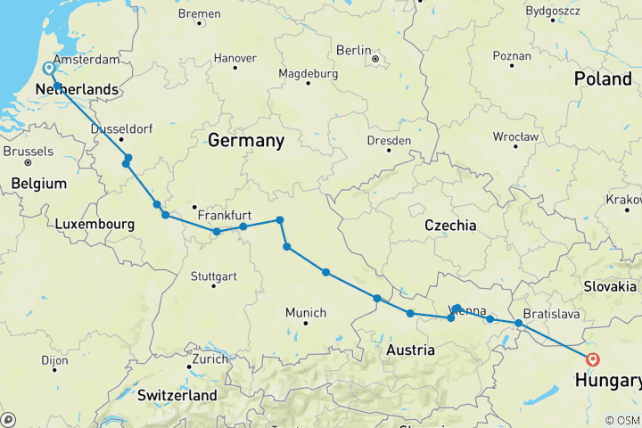 Map of European Gems Amsterdam → Budapest  (2025)