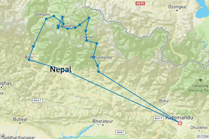 Map of Nar Phu Valley Trek via Annapurna Circuit Trek with Tilicho Lake