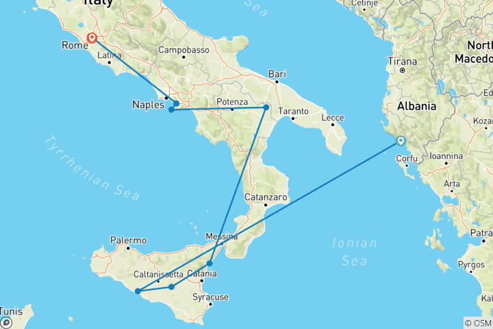 Map of Southern Italy & Sicily featuring Taormina, Matera and the Amalfi Coast (Palermo to Rome) (2025)