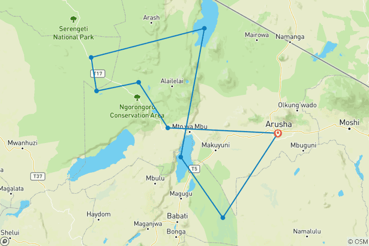 Map of Arusha : 14 Days Safari Northern Circuit Roundtrip Complete