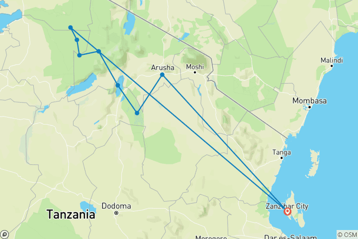 Map of From Zanzibar to Serengeti, Ngorongoro 8 days Safari wildlife experience