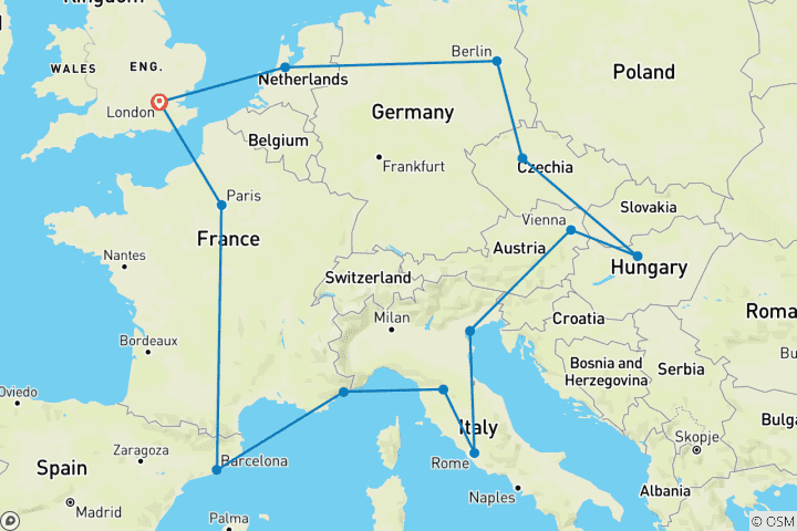 Kaart van Meisjes op reis – Heel Europa Groepsreis per trein (18 –35)