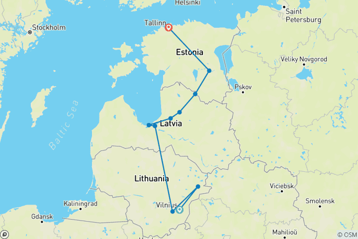 Kaart van Baltisch Treinavontuur – 13 dagen vol charme&ontdekkingen in Litouwen, Letland, Estland