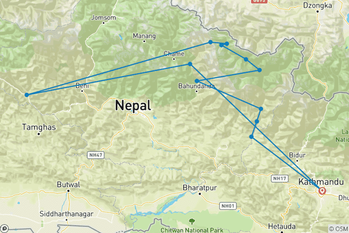 Mapa de Excursionismo por el circuito del Manaslu