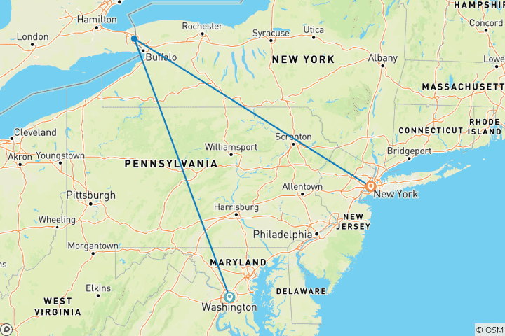 Kaart van VS  – 8 dagen Het beste van in het oosten Washington DC New York Niagara Falls