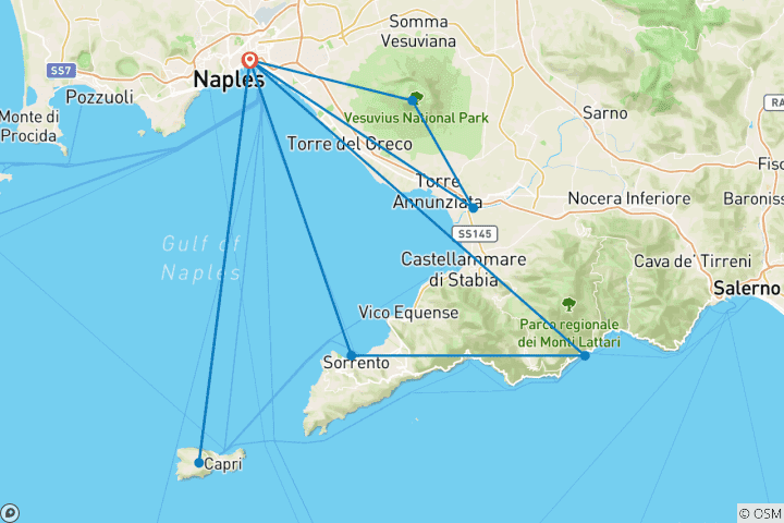 Map of 5 Day Naples including Sorrento, Amalfi, Capri Island, Pompeii & Vesuvius.