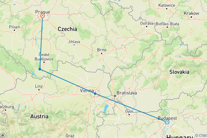 Map of Easy Pace Budapest, Vienna & Prague (Small Groups, Summer)