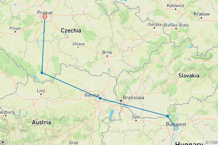 Carte du circuit Easy Pace Budapest, Vienne & Prague (Classique)