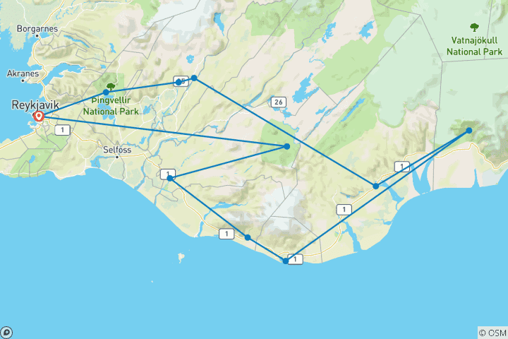 Mapa de 4 Días - Excursión Círculo Dorado, Costa Sur y Termas de Landmannalaugar
