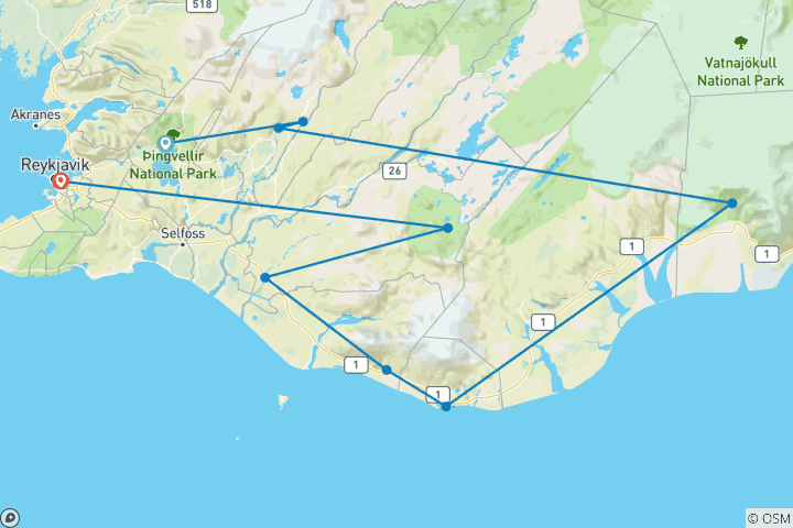 Map of 4 Day - Golden Circle, South Coast, and Landmannalaugar Hot Spring Tour