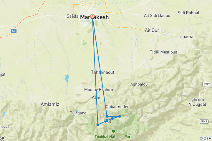 Map of 3-Days High Atlas Mountains Hiking Tour from Marrakech