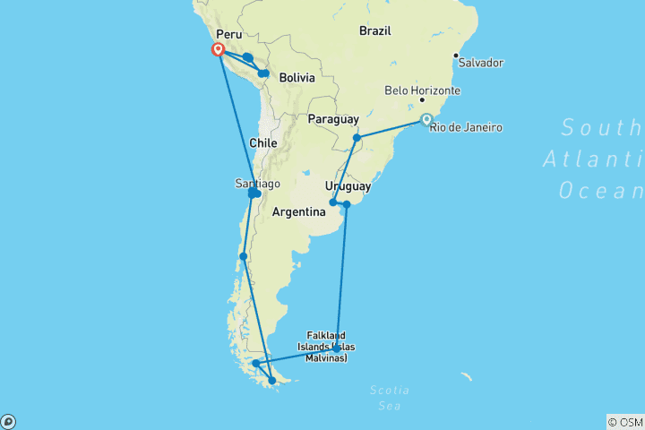 Kaart van Hoogtepunten van Zuid-Amerika en Chileense Fjorden Cruise Rio de Janeiro → Lima (2026)