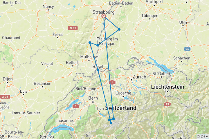Kaart van Van het hart van de Elzas naar de bergtoppen van de Zwitserse Alpen – een cruise van haven tot haven