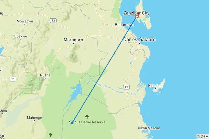 Carte du circuit 10 jours de safari à Zanzibar et dans la réserve animalière de Selous
