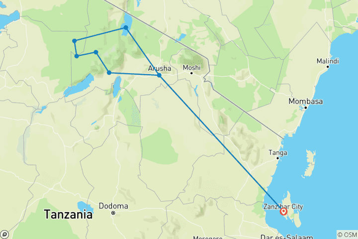 Kaart van Een perfecte mix van de stranden van Zanzibar&de wilde dieren van Tanzania