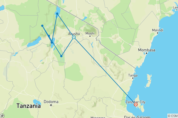 Map of From Arusha to Zanzibar : 11 days From Bush to Beach safari