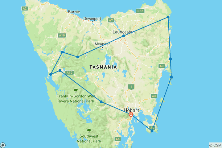 Karte von Tasmanische Entdeckung - 6 Tage Komfort- durch Tasmanien