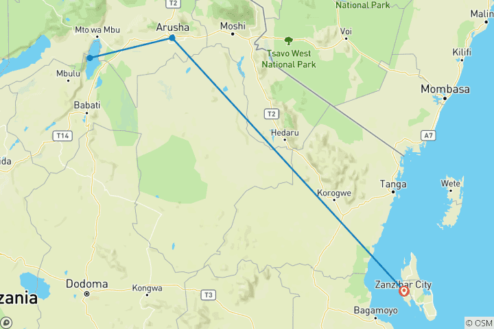 Carte du circuit Découvrez la véritable Afrique depuis le lac Manyara