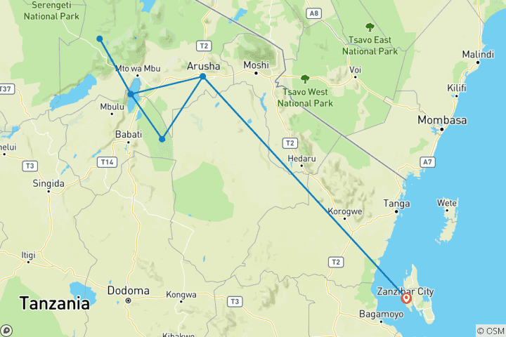 Kaart van Vanuit Zanzibar: 2 Dagen Safari Noordelijk Circuit met vluchten