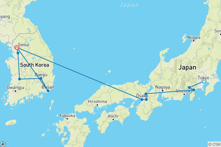 Carte du circuit Circuit culturel de 13 jours au Japon et en Corée du Sud (guide et chauffeur privés）)