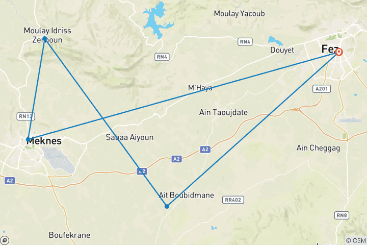 Map of Day trip to Volubilis, Meknes and Moulay Idriss from Fez