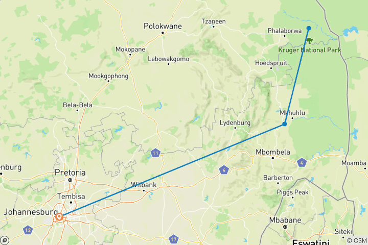 Carte du circuit Safari de 3 jours dans le parc national Kruger (Big 5)