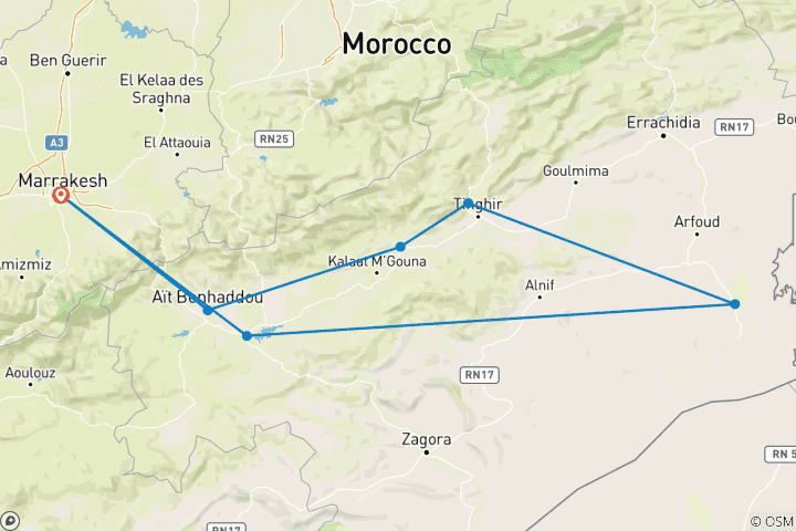 Map of Merzouga desert tour from Marrakech