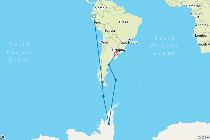 Map of Antarctica & Falklands - From Punta Arenas to Buenos Aires