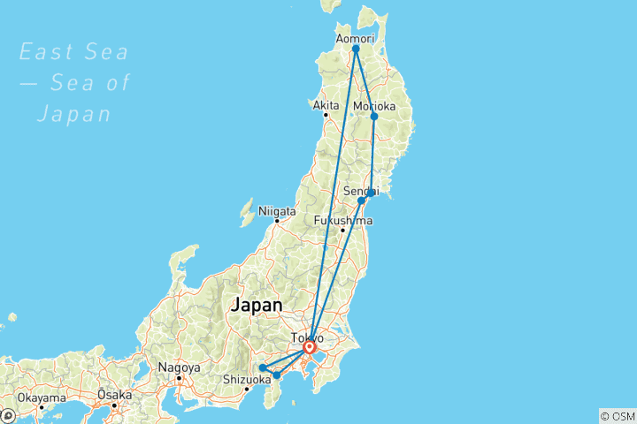 Kaart van 11 dagen Tokyo & Tohoku Classic Rondreis door (privégids & chauffeur）