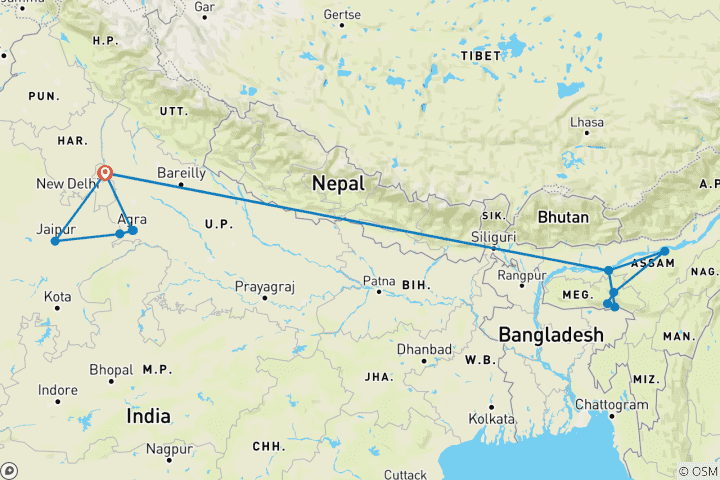 Kaart van Gouden Driehoek Rondreis door met Noordoost –India