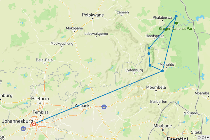 Map of 5-Day Ultimate Kruger National Park Big 5 & Panorama Route Safari