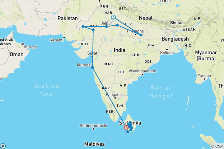 Carte du circuit Circuit en groupe de 26 jours entre l'Inde et le Sri Lanka