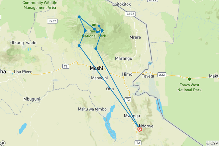 Map of 7-day trek via Machame route + 2 nights at the hotel before and after the climb