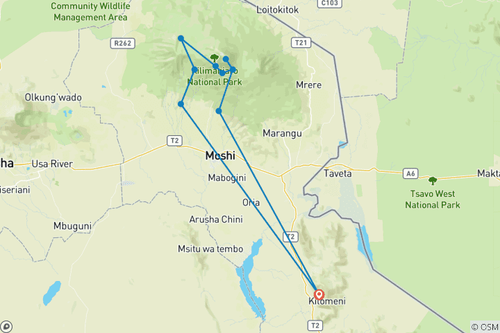 Kaart van 7-daagse Machame Route Trek met 2 nachten hotelverblijf voor en na de klim in Tanzania
