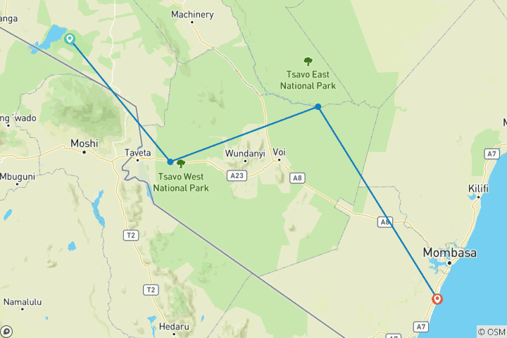 Map of 10 Days Bush & Beach (Amboseli+Tsavo West & East+Diani)