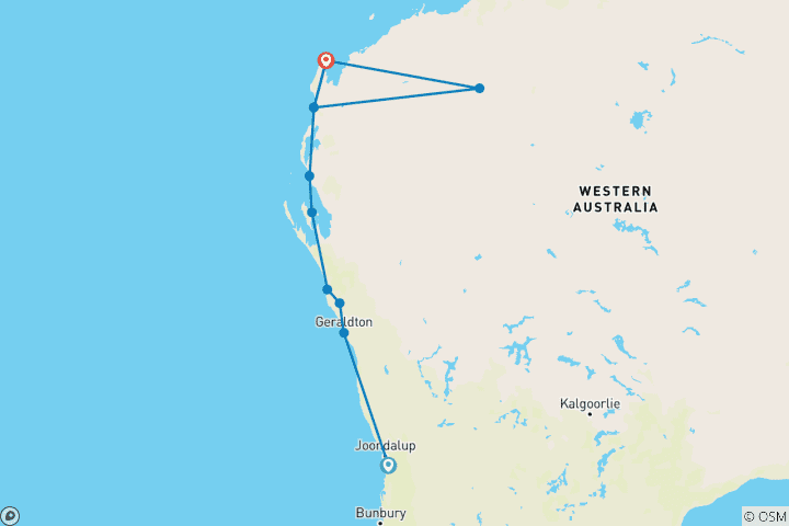 Map of West Coast Encompassed: Perth to Ningaloo Reef and Karijini National Park