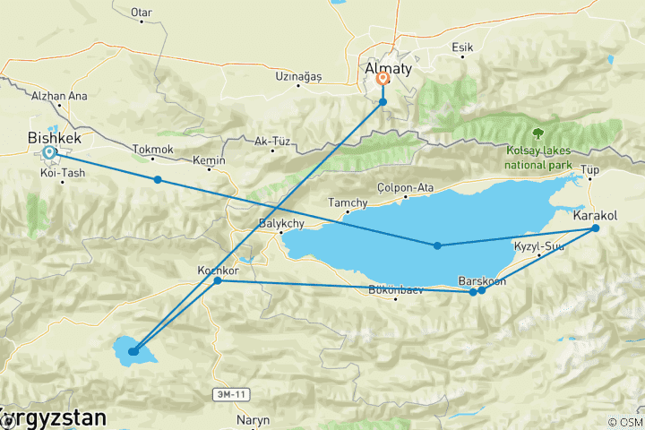 Carte du circuit Circuit en groupe de 11 jours au Kazakhstan et au Kirghizstan