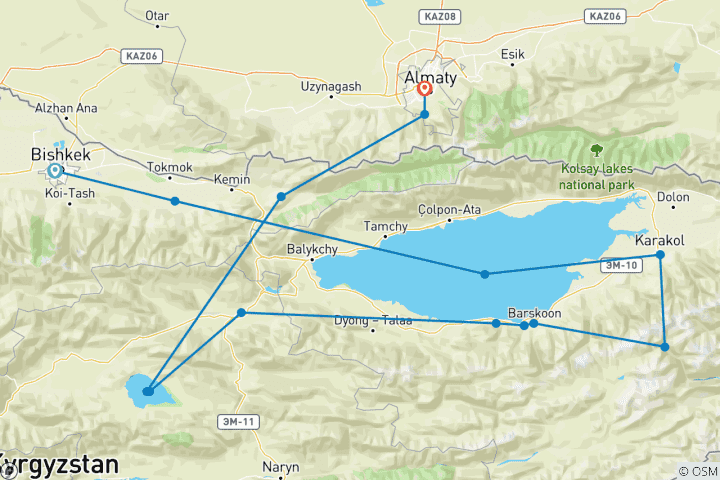 Carte du circuit Circuit en groupe de 11 jours au Kazakhstan et au Kirghizstan