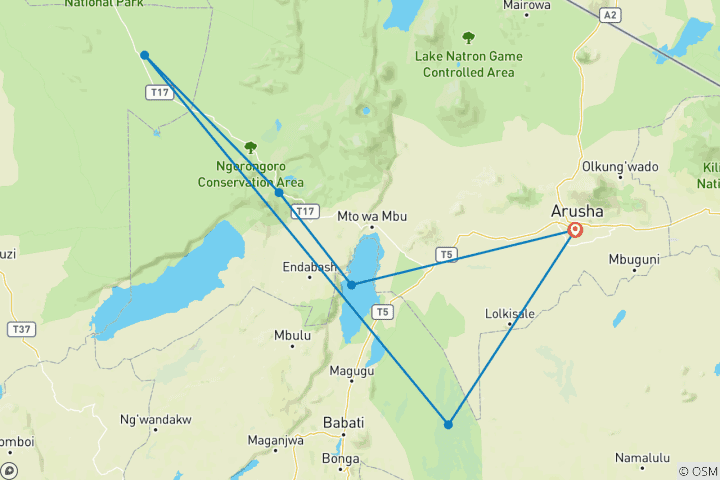 Mapa de Tanzania 5 Días Tarangire-Manyara-Serengeti-Ngorongoro Safari en Grupo