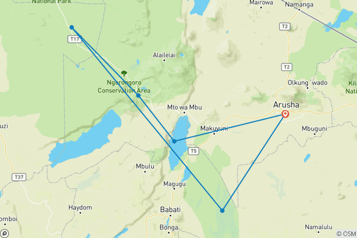 Map of 5 Days Tanzania Group Joining Safari